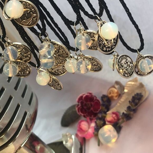 LIBRA IRON ZODIAC AND MOONSTONE PLANET CHARM BLACK SILK CORD NECKLACE - Picture 3 of 6